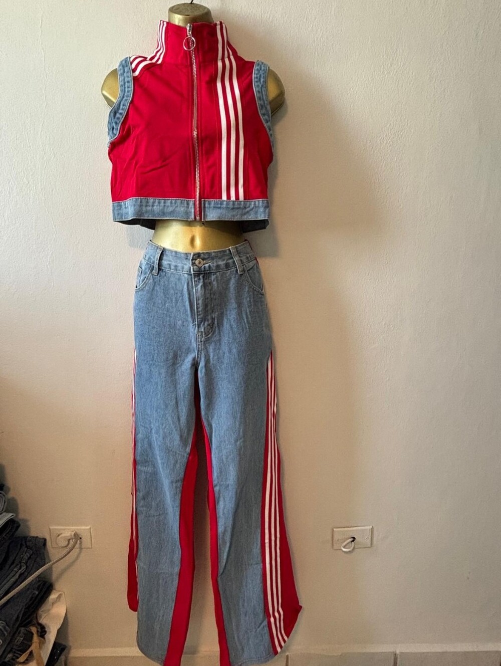 Red & Denim Two-Piece Track Crop Top and Wide Leg Pants
